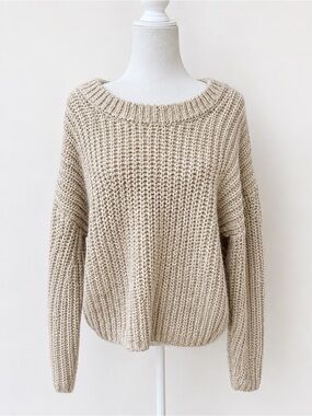 Aerie S/P Beige Chunky Knit Oversized Crewneck Sweater Fisherman
